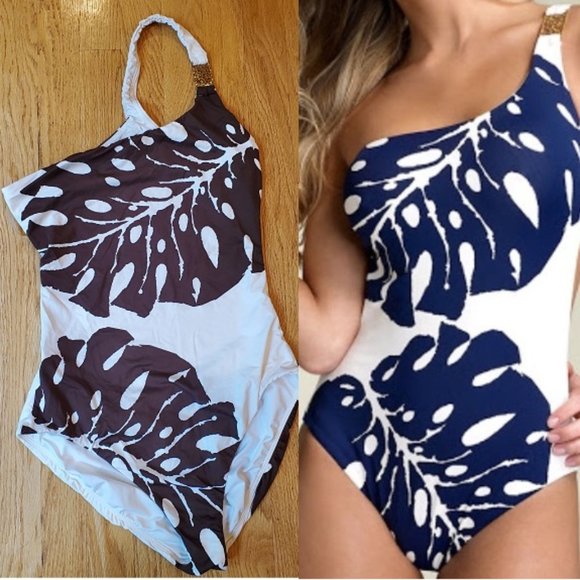 Trina Turk Other - Trina Turk 1 shoulder Swimsuit Huge Brown Tropical Leaf Pattern 1 Pc Sz L